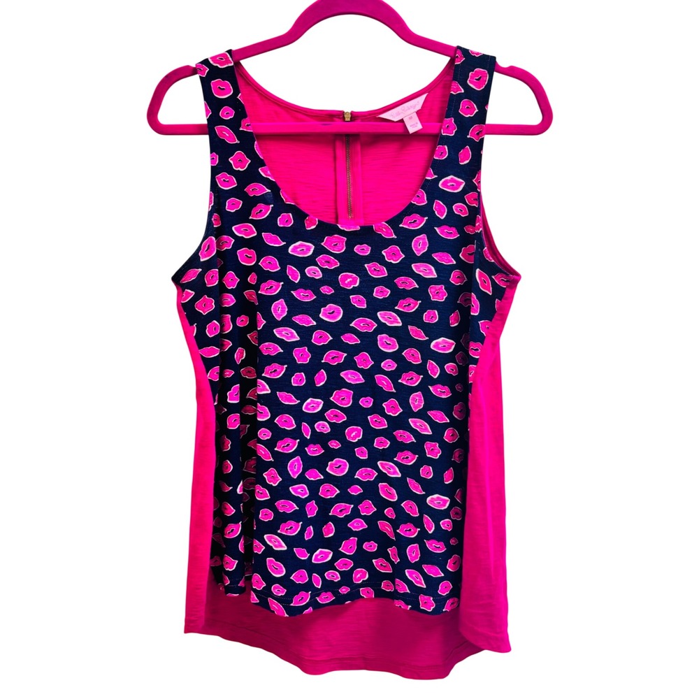 Lilly Pulitzer Pink Navy Blue Lip Print Cotton Tank Top Zipper Back Medium